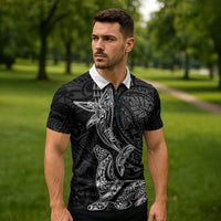 Hawaiian Monk Seal and Whale Zipper Polo Shirt Kakau Tribal Pattern Grayscale