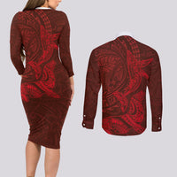 Hawaiian Monk Seal and Whale Couples Matching Long Sleeve Bodycon Dress and Long Sleeve Button Shirt Kakau Tribal Pattern Red Color