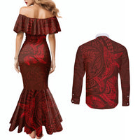 Hawaiian Monk Seal and Whale Couples Matching Mermaid Dress and Long Sleeve Button Shirt Kakau Tribal Pattern Red Color