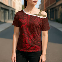 Hawaiian Monk Seal and Whale Cross Shoulder Shirt Kakau Tribal Pattern Red Color