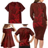 Hawaiian Monk Seal and Whale Family Matching Long Sleeve Bodycon Dress and Hawaiian Shirt Kakau Tribal Pattern Red Color