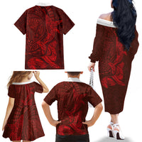 Hawaiian Monk Seal and Whale Family Matching Off The Shoulder Long Sleeve Dress and Hawaiian Shirt Kakau Tribal Pattern Red Color