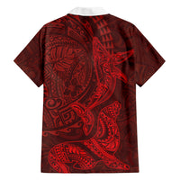 Hawaiian Monk Seal and Whale Family Matching Short Sleeve Bodycon Dress and Hawaiian Shirt Kakau Tribal Pattern Red Color