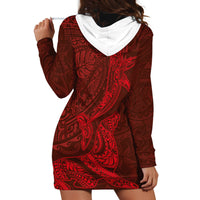 Hawaiian Monk Seal and Whale Hoodie Dress Kakau Tribal Pattern Red Color