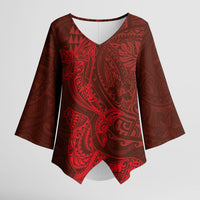 Hawaiian Monk Seal and Whale Kimono Sleeve Blouse Kakau Tribal Pattern Red Color