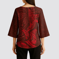 Hawaiian Monk Seal and Whale Kimono Sleeve Blouse Kakau Tribal Pattern Red Color