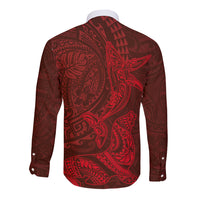 Hawaiian Monk Seal and Whale Long Sleeve Button Shirt Kakau Tribal Pattern Red Color