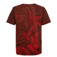 Hawaiian Monk Seal and Whale Rugby Jersey Kakau Tribal Pattern Red Color