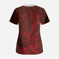 Hawaiian Monk Seal and Whale Scrub Top Kakau Tribal Pattern Red Color