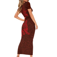 Hawaiian Monk Seal and Whale Short Sleeve Bodycon Dress Kakau Tribal Pattern Red Color LT03 - Polynesian Pride