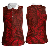 Hawaiian Monk Seal and Whale Women Sleeveless Polo Shirt Kakau Tribal Pattern Red Color