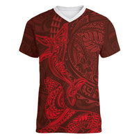 Hawaiian Monk Seal and Whale Women V-Neck T-Shirt Kakau Tribal Pattern Red Color