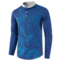 Hawaiian Monk Seal and Whale Button Sweatshirt Kakau Tribal Pattern Blue Color