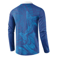 Hawaiian Monk Seal and Whale Button Sweatshirt Kakau Tribal Pattern Blue Color