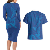 Hawaiian Monk Seal and Whale Couples Matching Long Sleeve Bodycon Dress and Hawaiian Shirt Kakau Tribal Pattern Blue Color