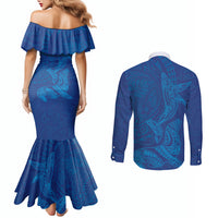 Hawaiian Monk Seal and Whale Couples Matching Mermaid Dress and Long Sleeve Button Shirt Kakau Tribal Pattern Blue Color