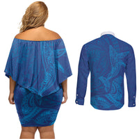 Hawaiian Monk Seal and Whale Couples Matching Off Shoulder Short Dress and Long Sleeve Button Shirt Kakau Tribal Pattern Blue Color