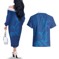 Hawaiian Monk Seal and Whale Couples Matching Off The Shoulder Long Sleeve Dress and Hawaiian Shirt Kakau Tribal Pattern Blue Color