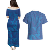 Hawaiian Monk Seal and Whale Couples Matching Puletasi and Hawaiian Shirt Kakau Tribal Pattern Blue Color