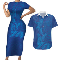 Hawaiian Monk Seal and Whale Couples Matching Short Sleeve Bodycon Dress and Hawaiian Shirt Kakau Tribal Pattern Blue Color