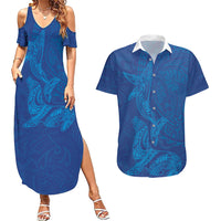 Hawaiian Monk Seal and Whale Couples Matching Summer Maxi Dress and Hawaiian Shirt Kakau Tribal Pattern Blue Color