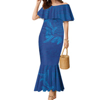 Hawaiian Monk Seal and Whale Family Matching Mermaid Dress and Hawaiian Shirt Kakau Tribal Pattern Blue Color