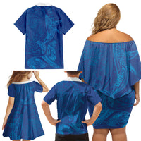 Hawaiian Monk Seal and Whale Family Matching Off Shoulder Short Dress and Hawaiian Shirt Kakau Tribal Pattern Blue Color