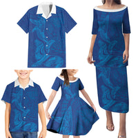 Hawaiian Monk Seal and Whale Family Matching Puletasi and Hawaiian Shirt Kakau Tribal Pattern Blue Color