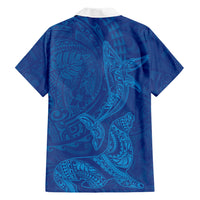 Hawaiian Monk Seal and Whale Family Matching Short Sleeve Bodycon Dress and Hawaiian Shirt Kakau Tribal Pattern Blue Color