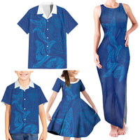 Hawaiian Monk Seal and Whale Family Matching Tank Maxi Dress and Hawaiian Shirt Kakau Tribal Pattern Blue Color