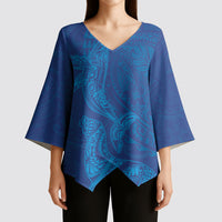 Hawaiian Monk Seal and Whale Kimono Sleeve Blouse Kakau Tribal Pattern Blue Color