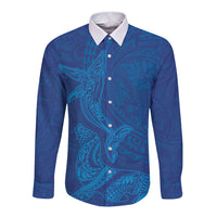 Hawaiian Monk Seal and Whale Long Sleeve Button Shirt Kakau Tribal Pattern Blue Color