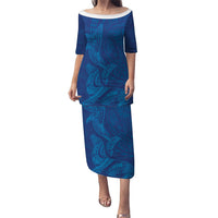 Hawaiian Monk Seal and Whale Puletasi Kakau Tribal Pattern Blue Color LT03 Long Dress Blue - Polynesian Pride