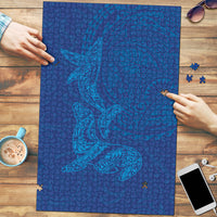 Hawaiian Monk Seal and Whale Puzzle Kakau Tribal Pattern Blue Color