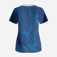 Hawaiian Monk Seal and Whale Scrub Top Kakau Tribal Pattern Blue Color