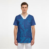 Hawaiian Monk Seal and Whale Scrub Top Kakau Tribal Pattern Blue Color
