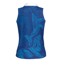 Hawaiian Monk Seal and Whale Women Sleeveless Polo Shirt Kakau Tribal Pattern Blue Color