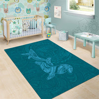 Hawaiian Monk Seal and Whale Area Rug Kakau Tribal Pattern Teal Color