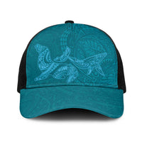 Hawaiian Monk Seal and Whale Baseball Net Cap Kakau Tribal Pattern Teal Color LT03 One Size Black Teal - Polynesian Pride
