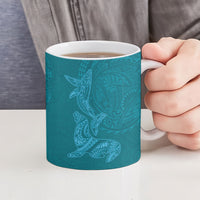 Hawaiian Monk Seal and Whale Ceramic Mug Kakau Tribal Pattern Teal Color