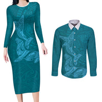 Hawaiian Monk Seal and Whale Couples Matching Long Sleeve Bodycon Dress and Long Sleeve Button Shirt Kakau Tribal Pattern Teal Color