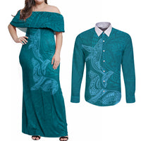 Hawaiian Monk Seal and Whale Couples Matching Off Shoulder Maxi Dress and Long Sleeve Button Shirt Kakau Tribal Pattern Teal Color