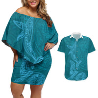 Hawaiian Monk Seal and Whale Couples Matching Off Shoulder Short Dress and Hawaiian Shirt Kakau Tribal Pattern Teal Color