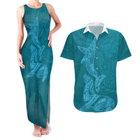 Hawaiian Monk Seal and Whale Couples Matching Tank Maxi Dress and Hawaiian Shirt Kakau Tribal Pattern Teal Color