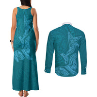 Hawaiian Monk Seal and Whale Couples Matching Tank Maxi Dress and Long Sleeve Button Shirt Kakau Tribal Pattern Teal Color