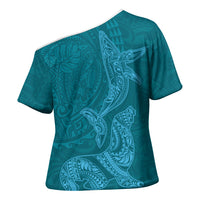 Hawaiian Monk Seal and Whale Cross Shoulder Shirt Kakau Tribal Pattern Teal Color