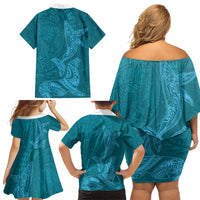 Hawaiian Monk Seal and Whale Family Matching Off Shoulder Short Dress and Hawaiian Shirt Kakau Tribal Pattern Teal Color