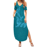 Hawaiian Monk Seal and Whale Family Matching Summer Maxi Dress and Hawaiian Shirt Kakau Tribal Pattern Teal Color