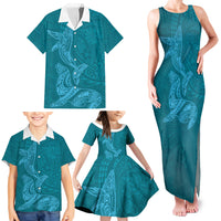 Hawaiian Monk Seal and Whale Family Matching Tank Maxi Dress and Hawaiian Shirt Kakau Tribal Pattern Teal Color LT03 - Polynesian Pride