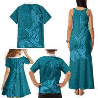 Hawaiian Monk Seal and Whale Family Matching Tank Maxi Dress and Hawaiian Shirt Kakau Tribal Pattern Teal Color LT03 - Polynesian Pride